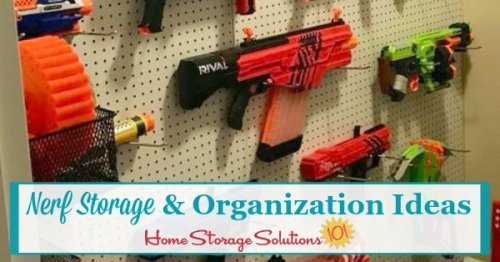 Several ideas for Nerf storage and organization, for both large and small collections of blasters, as well as foam accessories {on Home Storage Solutions} #ToyStorage #StorageIdeas #StorageSolutions