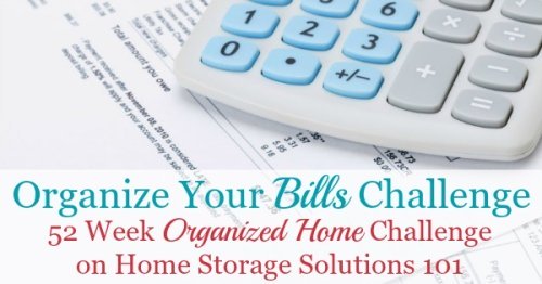Step by step instructions for how to organize bills, including finding them to pay them on time, how to reference them after payment if needed, plus how long to keep paid bill stubs before decluttering {part of the 52 Week Organized Home Challenge on Home Storage Solutions 101}