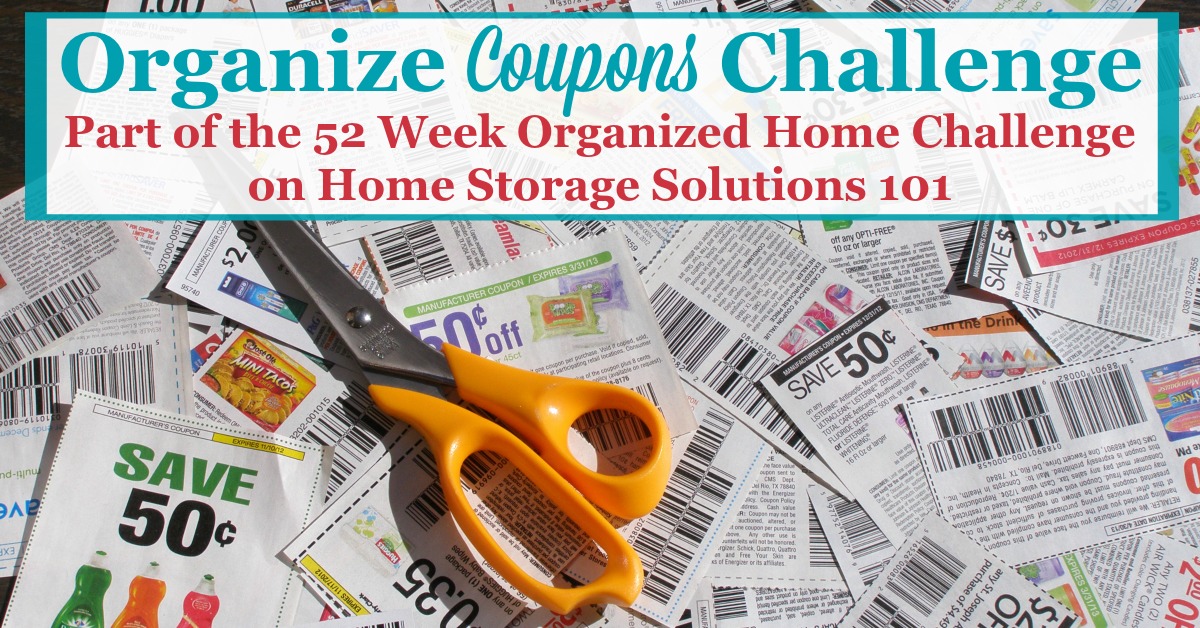 Step by step instructions for how to #organize #coupons, as well as tips for other ways to save money by organizing items like loyalty and gift cards, stockpiles and more {part of the 52 Week Organized Home Challenge on Home Storage Solutions 101} #OrganizedHome
