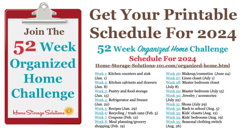 Free printable list of the 52 Weeks To An Organized Home Challenges for 2024. Join others who are getting their homes organized one week at a time! {on Home Storage Solutions 101} #OrganizedHome #Organization #Organized