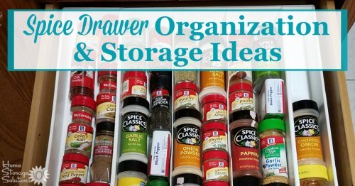 Here are quite a few practical spice drawer organization and storage ideas you can use in your kitchen {on Home Storage Solutions 101} #KitchenOrganization #PantryOrganization #KitchenStorage