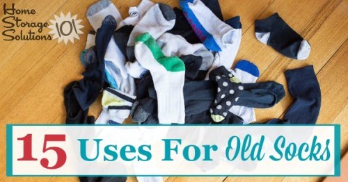 Here are 15 uses for old socks that can help you reuse and repurpose them once they've become worn out, or you've lost the mate, when #decluttering them from your sock drawer {on Home Storage Solutions 101} #Repurpose #OldSocks