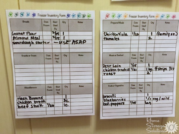 Free printable freezer inventory forms available from Home Storage Solutions 101, used by a reader, Sarah, to track the food in her freezer.