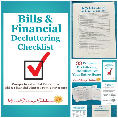 Get this bills and financial decluttering checklist and 32 other decluttering checklists for your home {on Home Storage Solutions 101}