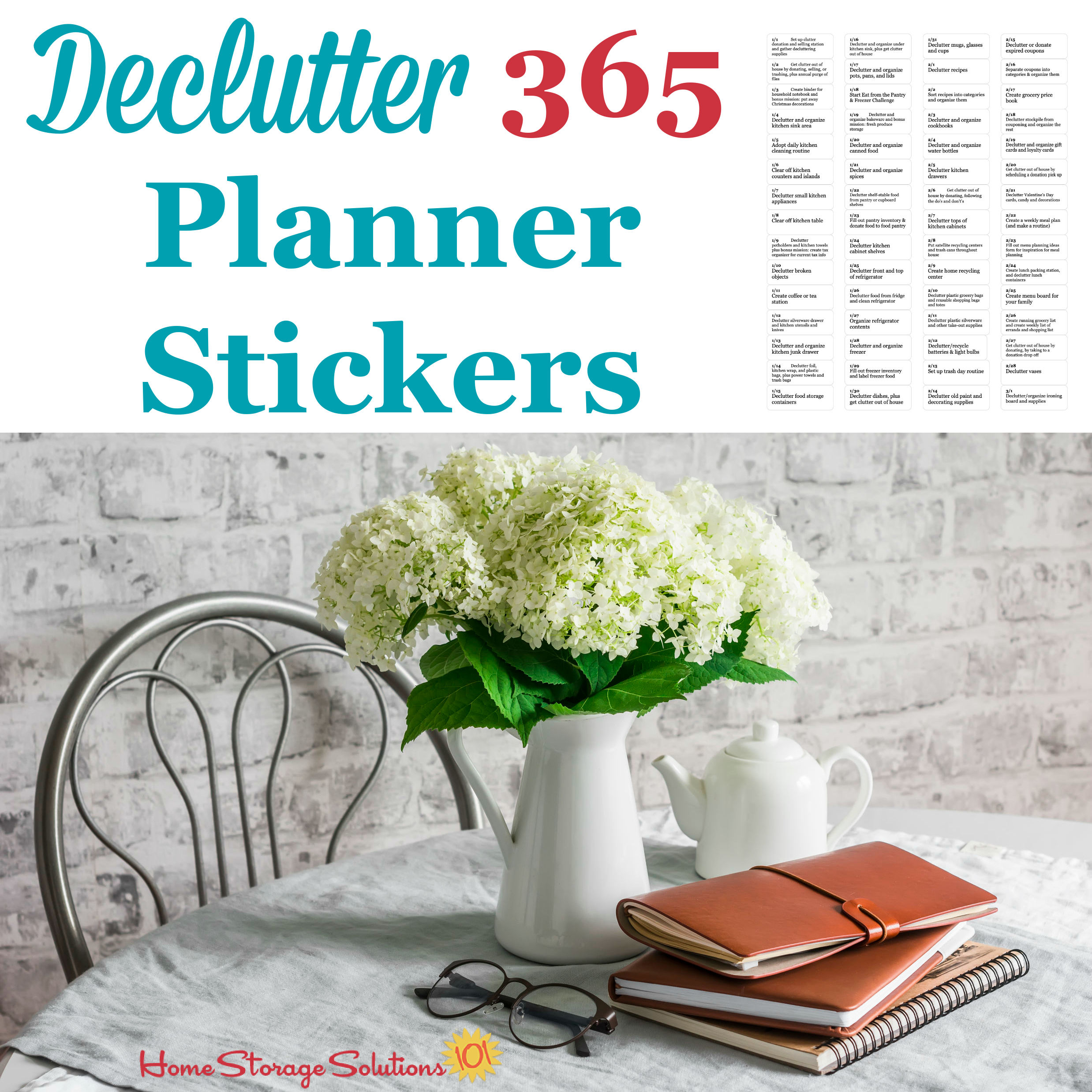 Use the Declutter 365 planner stickers to remember, each day, exactly what you're going to declutter for the day right inside your own planner or to do list {on Home Storage Solutions 101} #Declutter365