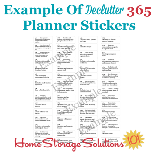 Example of the Declutter 365 planner stickers, used to remember, each day, exactly what you're going to declutter for the day right inside your own planner or to do list {on Home Storage Solutions 101} #Declutter365
