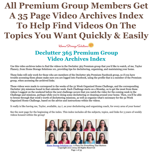 Members of the Declutter 365 Premium group receive a 35 page PDF with clickable links to the video coaching sessions within the group to help you find videos on the topics you want quickly and easily {on Home Storage Solutions 101} #Declutter365 #Decluttering #DeclutterHelp