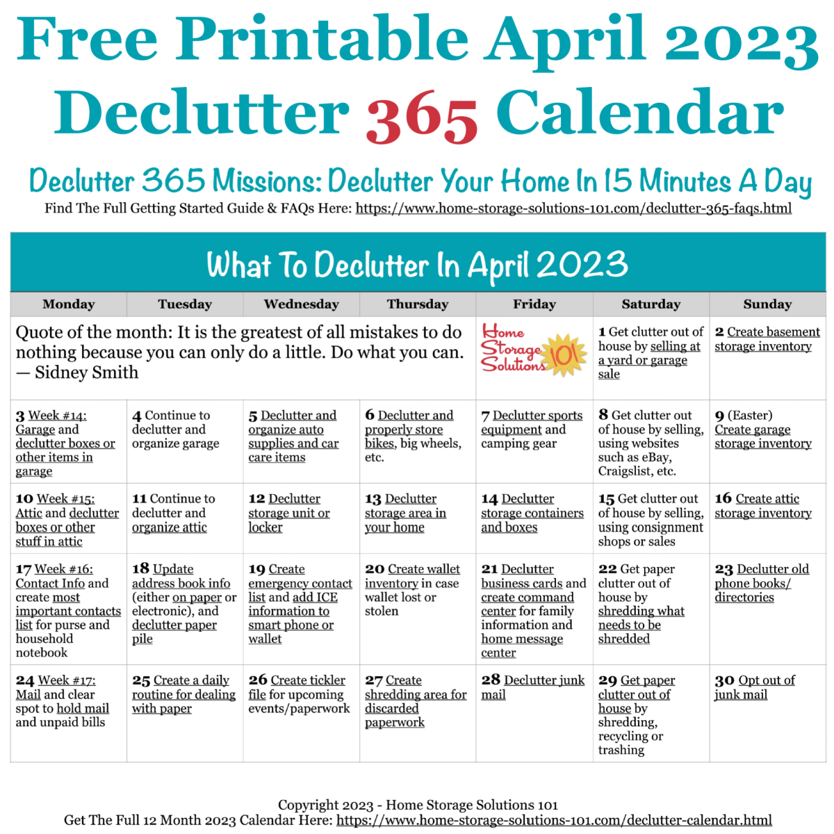 Free printable April 2023 #decluttering calendar with daily 15 minute missions. Follow the entire #Declutter365 plan provided by Home Storage Solutions 101 to #declutter your whole house in a year.