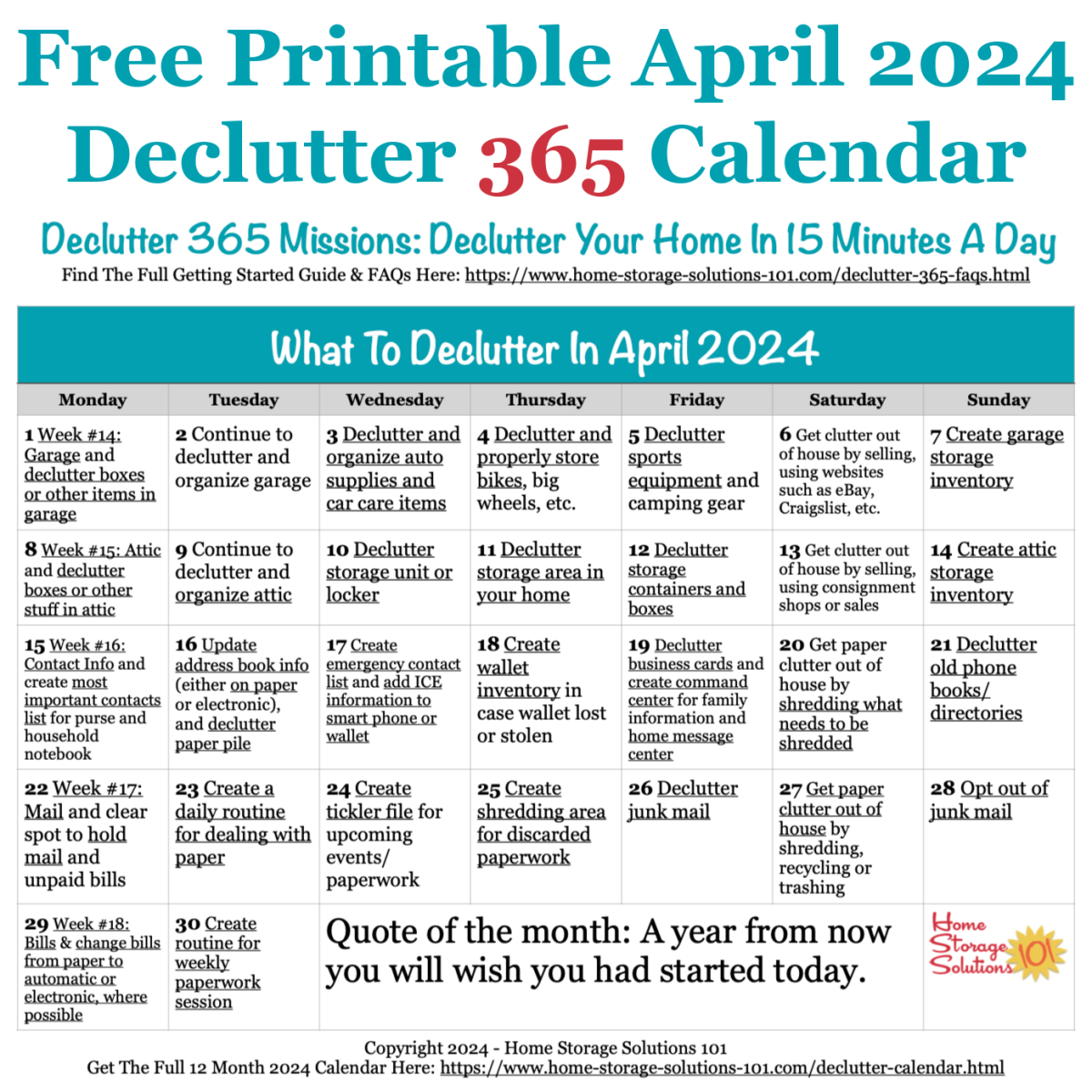 Free printable April 2024 #decluttering calendar with daily 15 minute missions. Follow the entire #Declutter365 plan provided by Home Storage Solutions 101 to #declutter your whole house in a year.