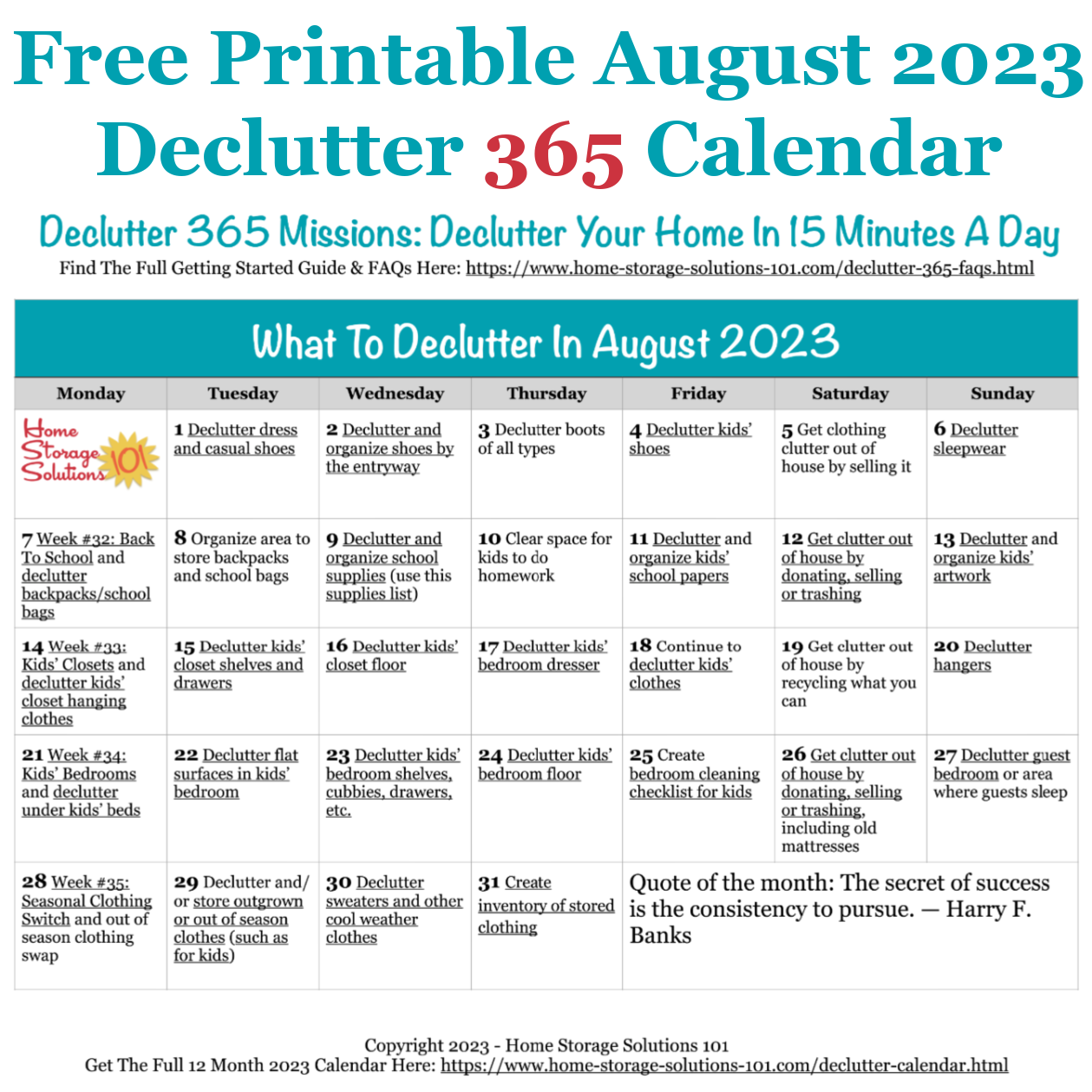 Free printable August 2023 decluttering calendar with daily 15 minute missions. Follow the entire Declutter 365 plan provided by Home Storage Solutions 101 to declutter your whole house in a year. #Declutter365 #Decluttering #Declutter