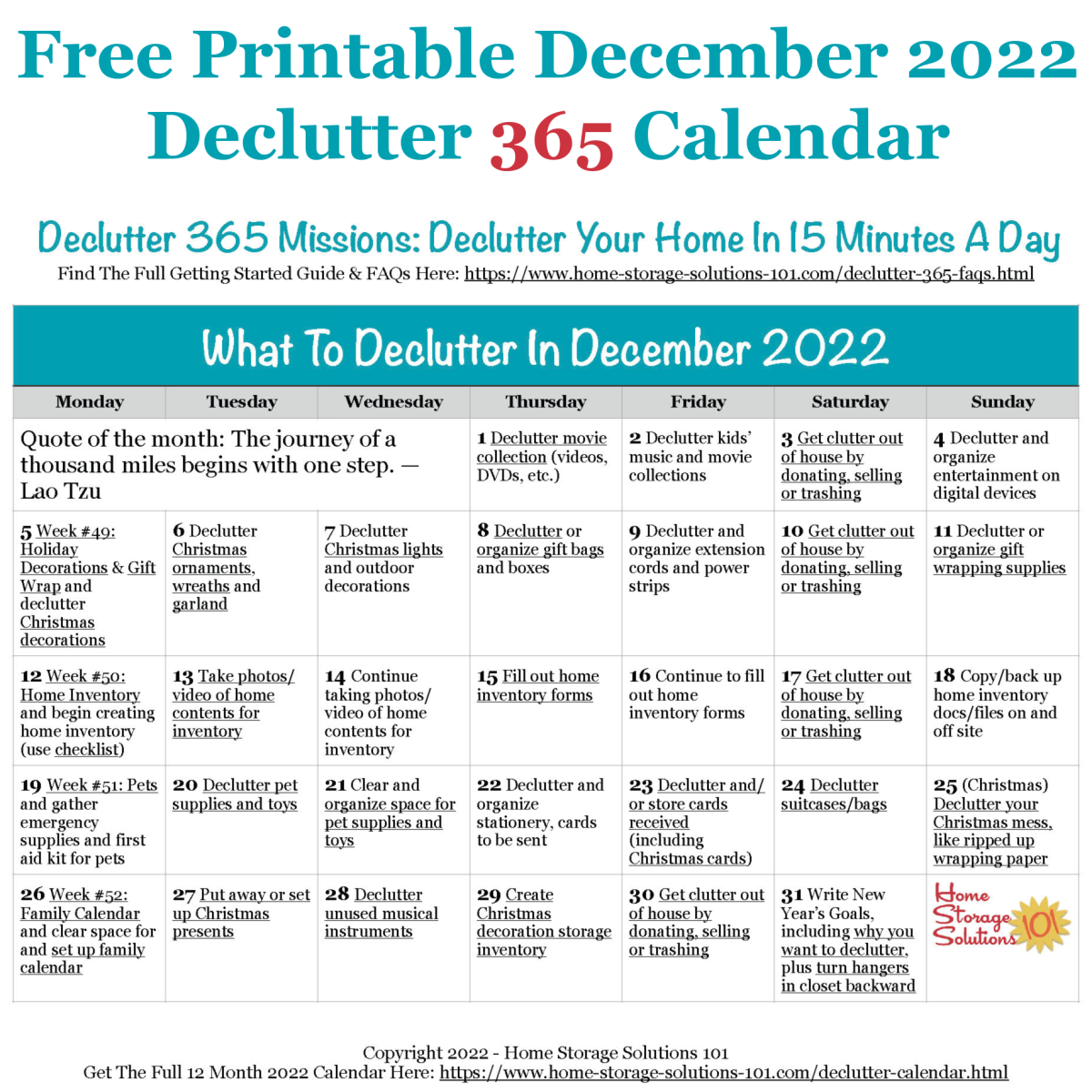 Free printable December 2022 #decluttering calendar with daily 15 minute missions. Follow the entire #Declutter365 plan provided by Home Storage Solutions 101 to #declutter your whole house in a year.