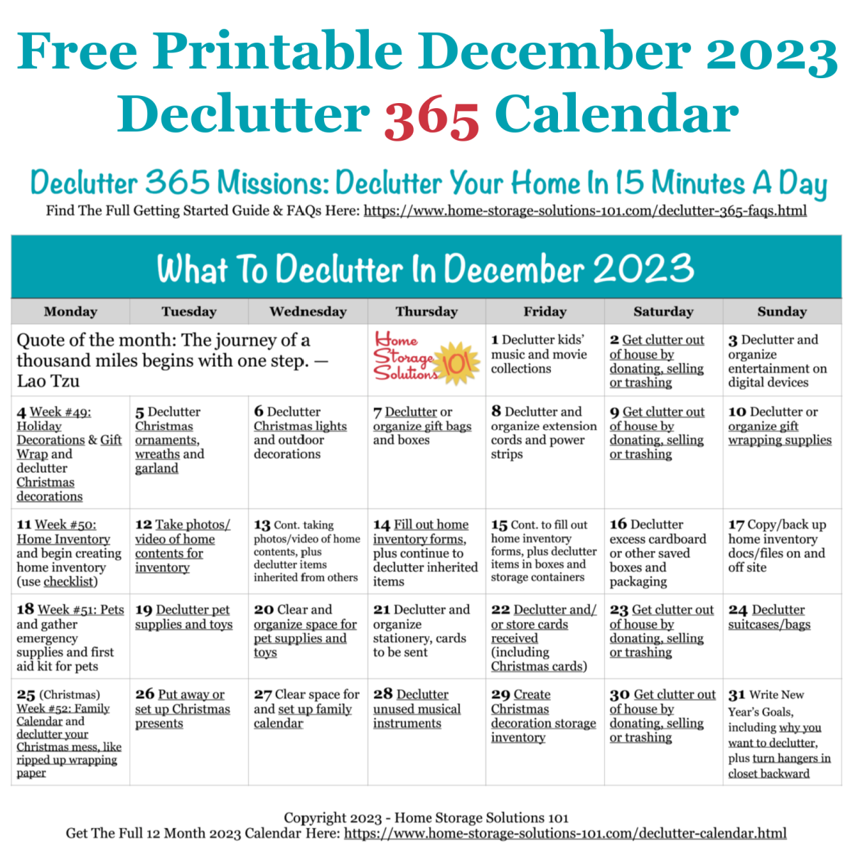 Free printable December 2023 #decluttering calendar with daily 15 minute missions. Follow the entire #Declutter365 plan provided by Home Storage Solutions 101 to #declutter your whole house in a year.