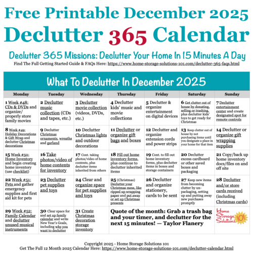 Free printable December 2025 #decluttering calendar with daily 15 minute missions. Follow the entire #Declutter365 plan provided by Home Storage Solutions 101 to #declutter your whole house in a year.