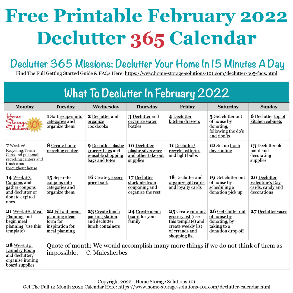 Free printable February 2022 #decluttering calendar with daily 15 minute missions. Follow the entire #Declutter365 plan provided by Home Storage Solutions 101 to #declutter your whole house in a year.