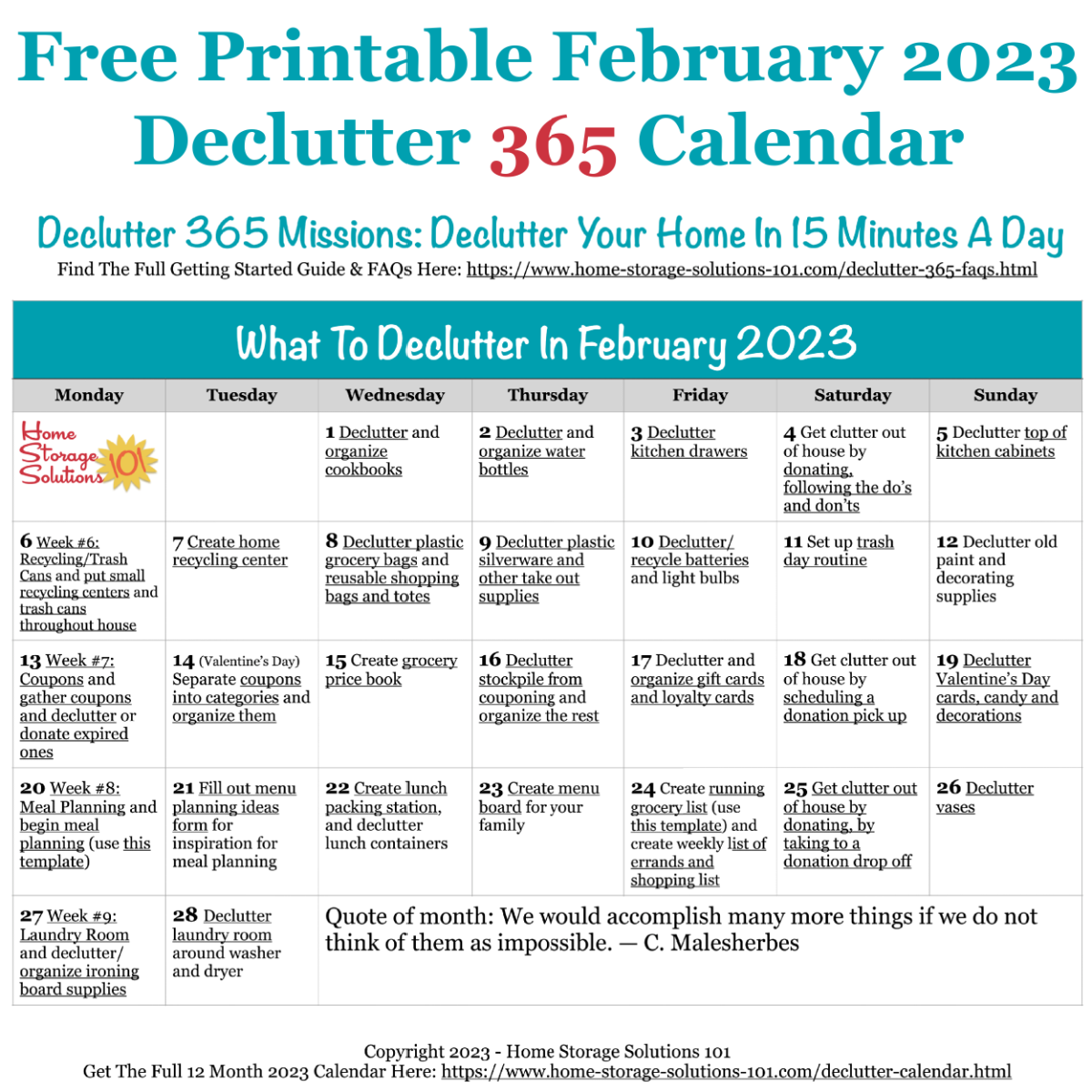 Free printable February 2023 #decluttering calendar with daily 15 minute missions. Follow the entire #Declutter365 plan provided by Home Storage Solutions 101 to #declutter your whole house in a year.