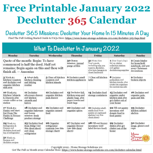 Free printable January 2022 #decluttering calendar with daily 15 minute missions. Follow the entire #Declutter365 plan provided by Home Storage Solutions 101 to #declutter your whole house in a year.
