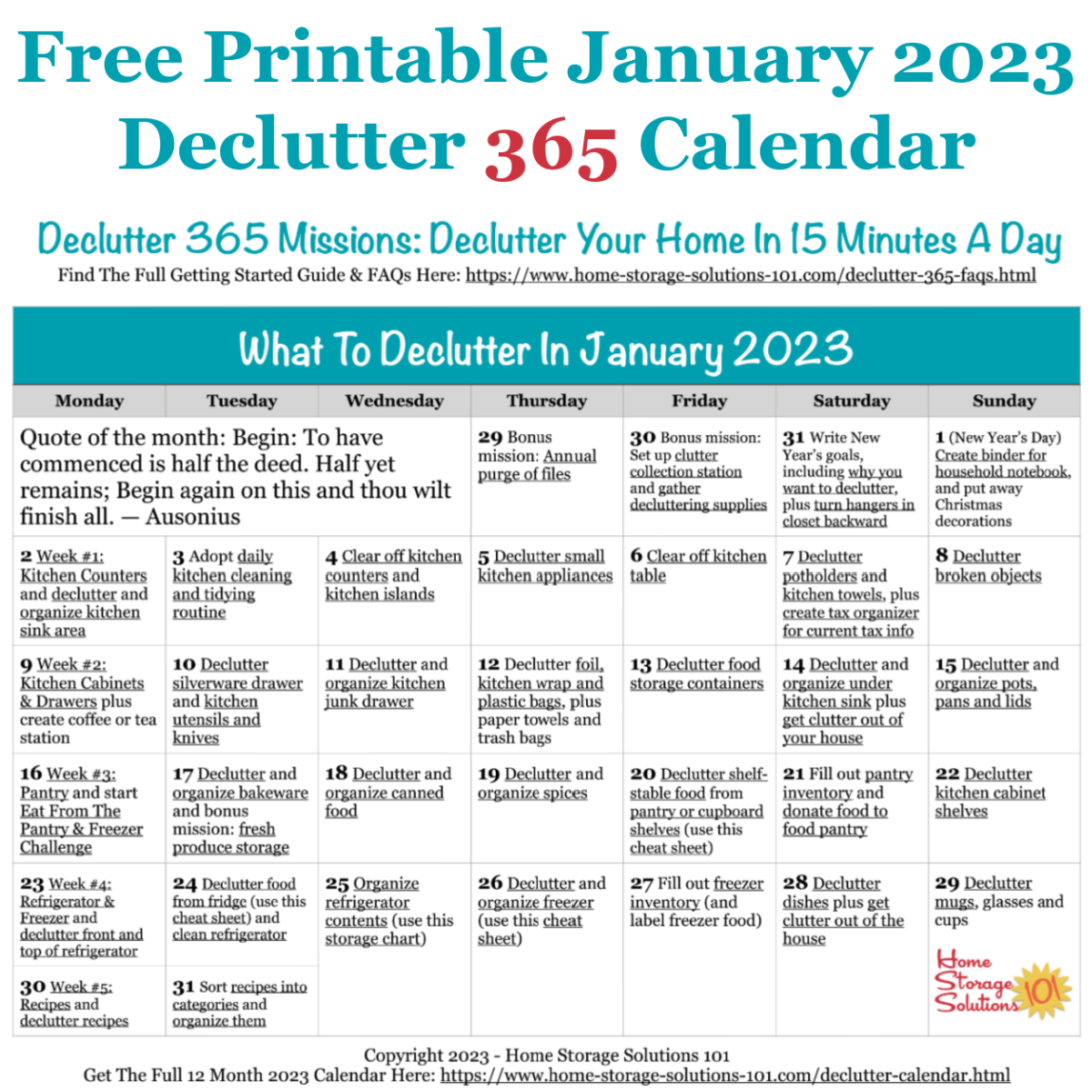Free printable January 2023 #decluttering calendar with daily 15 minute missions. Follow the entire #Declutter365 plan provided by Home Storage Solutions 101 to #declutter your whole house in a year.