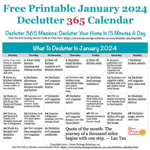 Free printable January 2024 #decluttering calendar with daily 15 minute missions. Follow the entire #Declutter365 plan provided by Home Storage Solutions 101 to #declutter your whole house in a year.