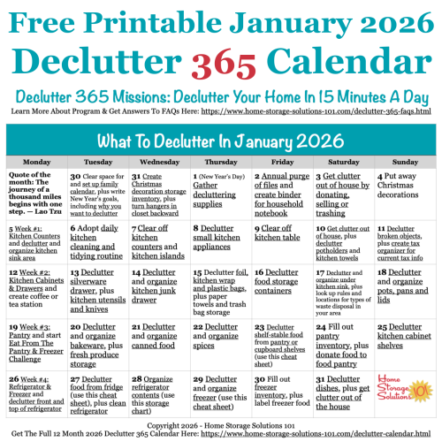 Free printable January 2026 decluttering calendar with daily 15 minute missions. Follow the entire Declutter 365 plan provided by Home Storage Solutions 101 to declutter your whole house in a year. Free printable January 2026 #decluttering calendar with daily 15 minute missions. Follow the entire #Declutter365 plan provided by Home Storage Solutions 101 to #declutter your whole house in a year.