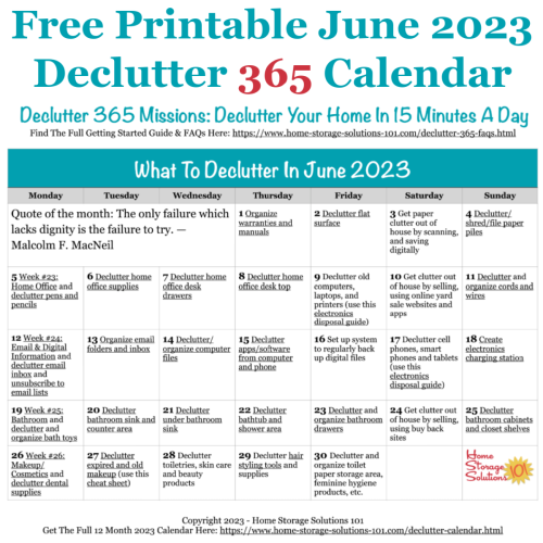 Free printable June 2023 #decluttering calendar with daily 15 minute missions. Follow the entire #Declutter365 plan provided by Home Storage Solutions 101 to #declutter your whole house in a year.
