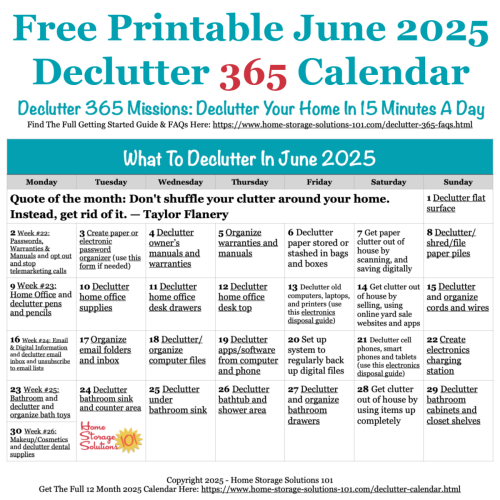 Free printable June 2025 #decluttering calendar with daily 15 minute missions. Follow the entire #Declutter365 plan provided by Home Storage Solutions 101 to #declutter your whole house in a year.