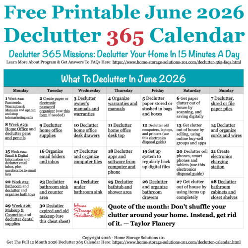 Free printable June 2026 decluttering calendar with daily 15 minute missions. Follow the entire Declutter 365 plan provided by Home Storage Solutions 101 to declutter your whole house in a year. Free printable June 2026 #decluttering calendar with daily 15 minute missions. Follow the entire #Declutter365 plan provided by Home Storage Solutions 101 to #declutter your whole house in a year.