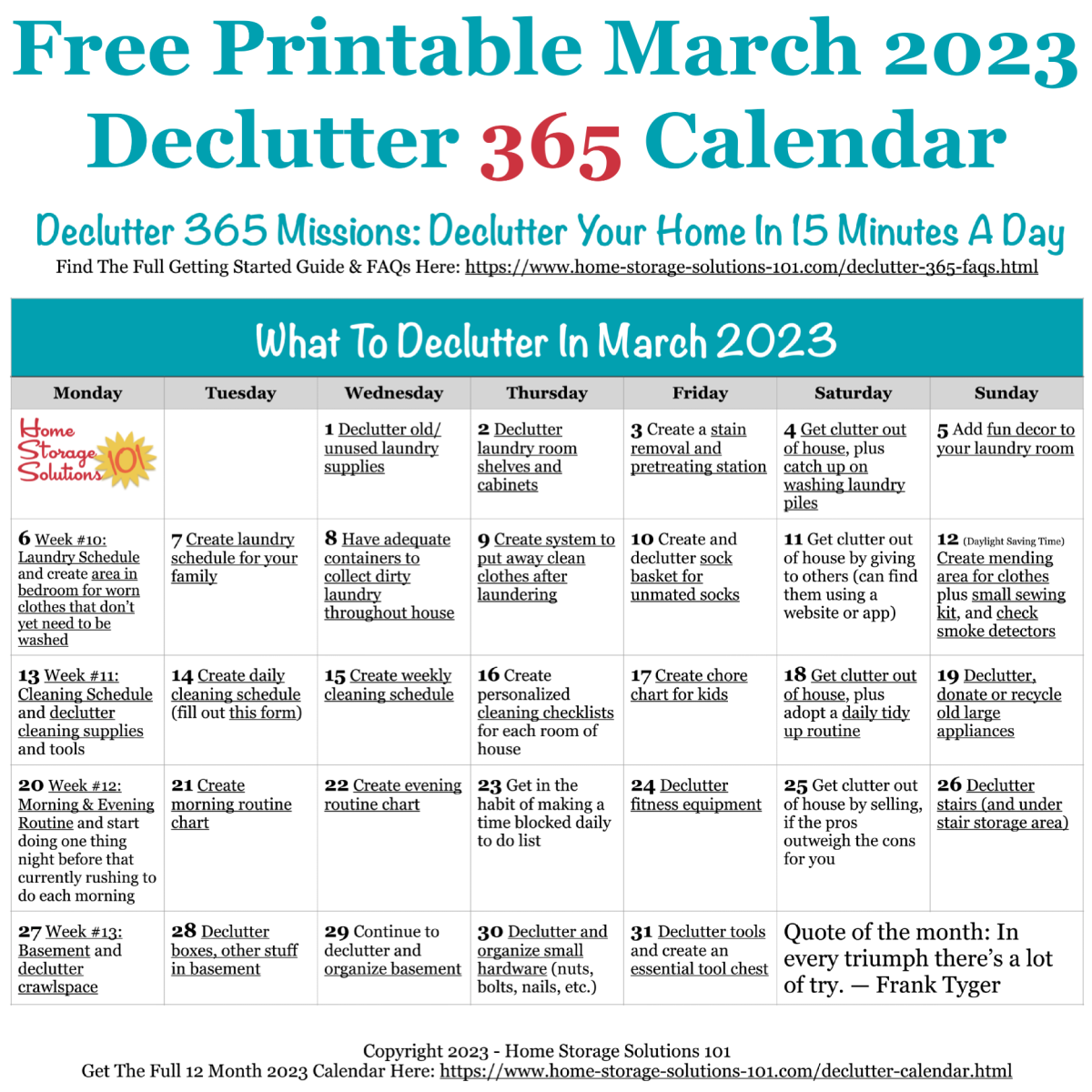 Free printable March 2023 #decluttering calendar with daily 15 minute missions. Follow the entire #Declutter365 plan provided by Home Storage Solutions 101 to #declutter your whole house in a year.