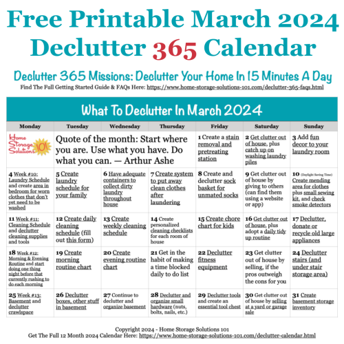 Free printable March 2024 #decluttering calendar with daily 15 minute missions. Follow the entire #Declutter365 plan provided by Home Storage Solutions 101 to #declutter your whole house in a year.