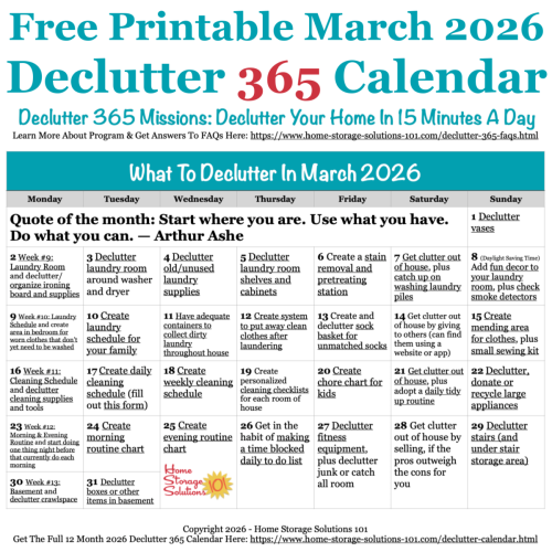 Free printable March 2026 #decluttering calendar with daily 15 minute missions. Follow the entire #Declutter365 plan provided by Home Storage Solutions 101 to #declutter your whole house in a year.