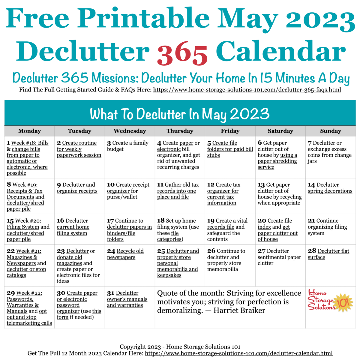 Free printable May 2023 #decluttering calendar with daily 15 minute missions. Follow the entire #Declutter365 plan provided by Home Storage Solutions 101 to #declutter your whole house in a year.