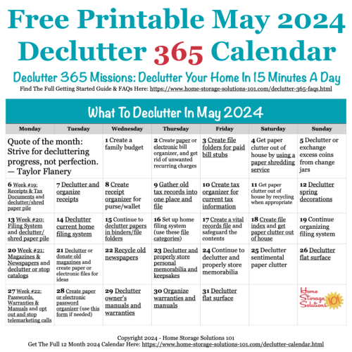 Free printable May 2024 #decluttering calendar with daily 15 minute missions. Follow the entire #Declutter365 plan provided by Home Storage Solutions 101 to #declutter your whole house in a year.
