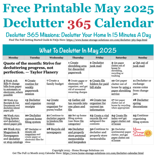 Free printable May 2025 #decluttering calendar with daily 15 minute missions. Follow the entire #Declutter365 plan provided by Home Storage Solutions 101 to #declutter your whole house in a year.