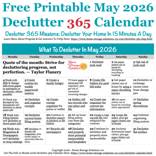 Free printable May 2026 #decluttering calendar with daily 15 minute missions. Follow the entire #Declutter365 plan provided by Home Storage Solutions 101 to #declutter your whole house in a year.