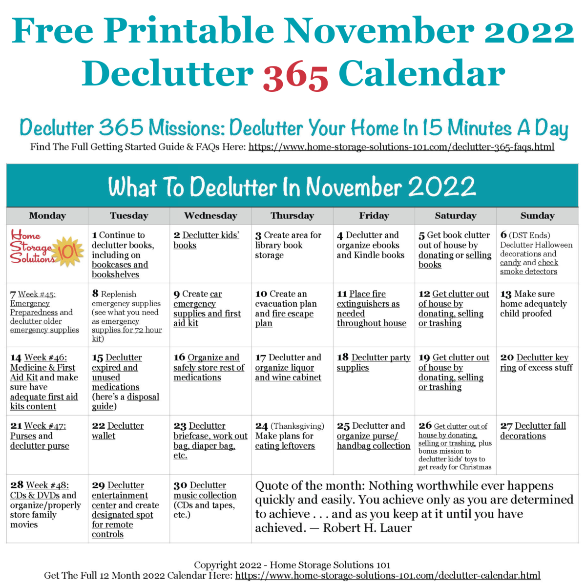Free printable November 2022 #decluttering calendar with daily 15 minute missions. Follow the entire #Declutter365 plan provided by Home Storage Solutions 101 to #declutter your whole house in a year.