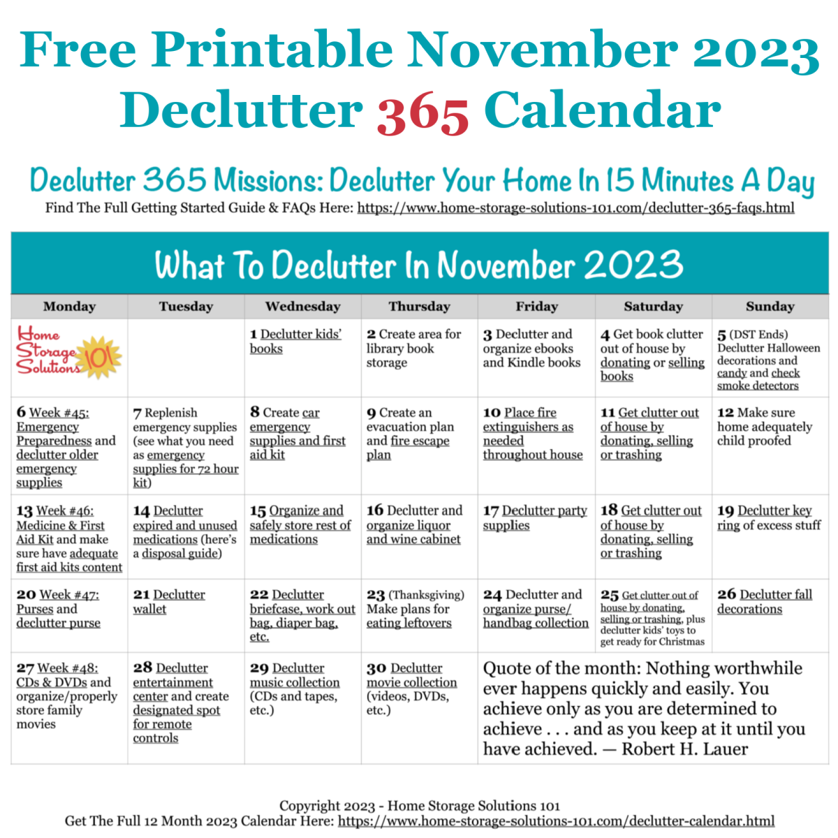 Free printable November 2023 #decluttering calendar with daily 15 minute missions. Follow the entire #Declutter365 plan provided by Home Storage Solutions 101 to #declutter your whole house in a year.