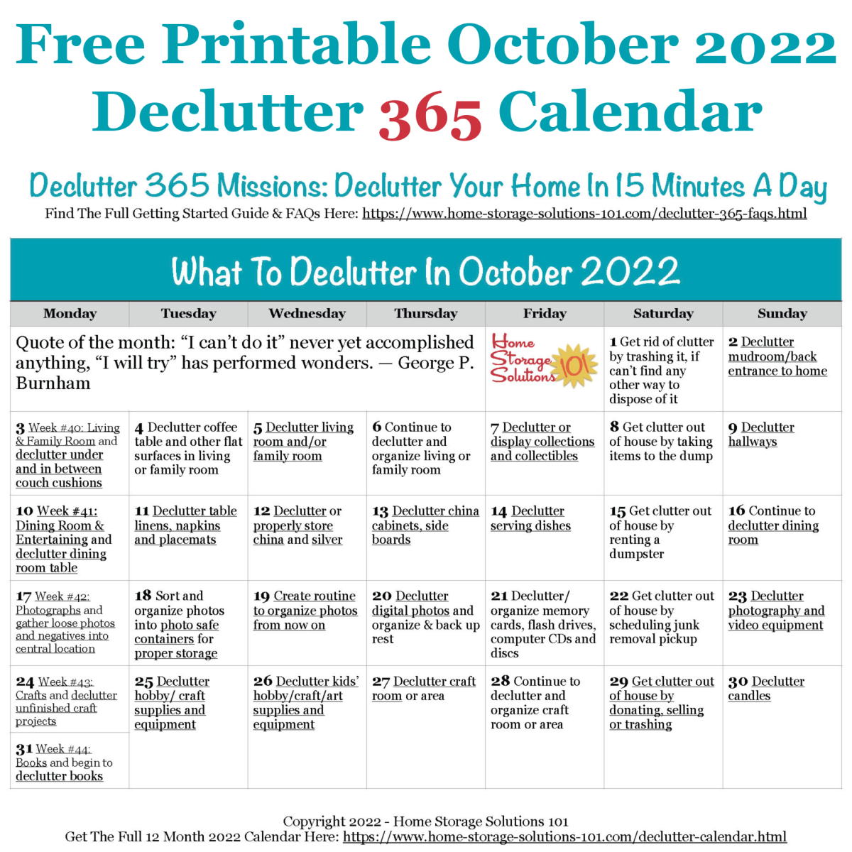 Free printable October 2022 #decluttering calendar with daily 15 minute missions. Follow the entire #Declutter365 plan provided by Home Storage Solutions 101 to #declutter your whole house in a year.