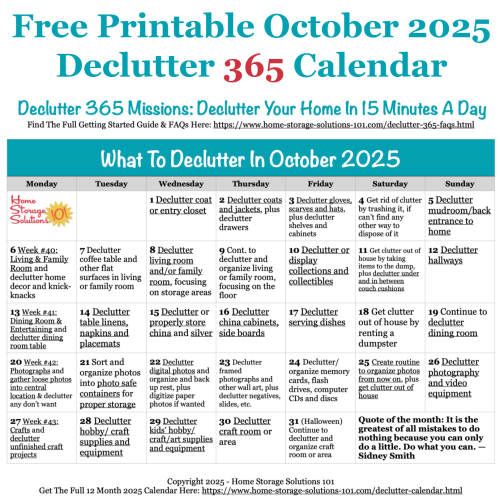 Free printable October 2025 #decluttering calendar with daily 15 minute missions. Follow the entire #Declutter365 plan provided by Home Storage Solutions 101 to #declutter your whole house in a year.