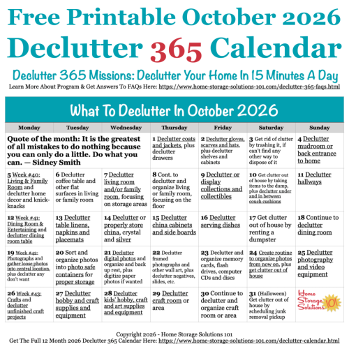 Free printable October 2026 #decluttering calendar with daily 15 minute missions. Follow the entire #Declutter365 plan provided by Home Storage Solutions 101 to #declutter your whole house in a year.