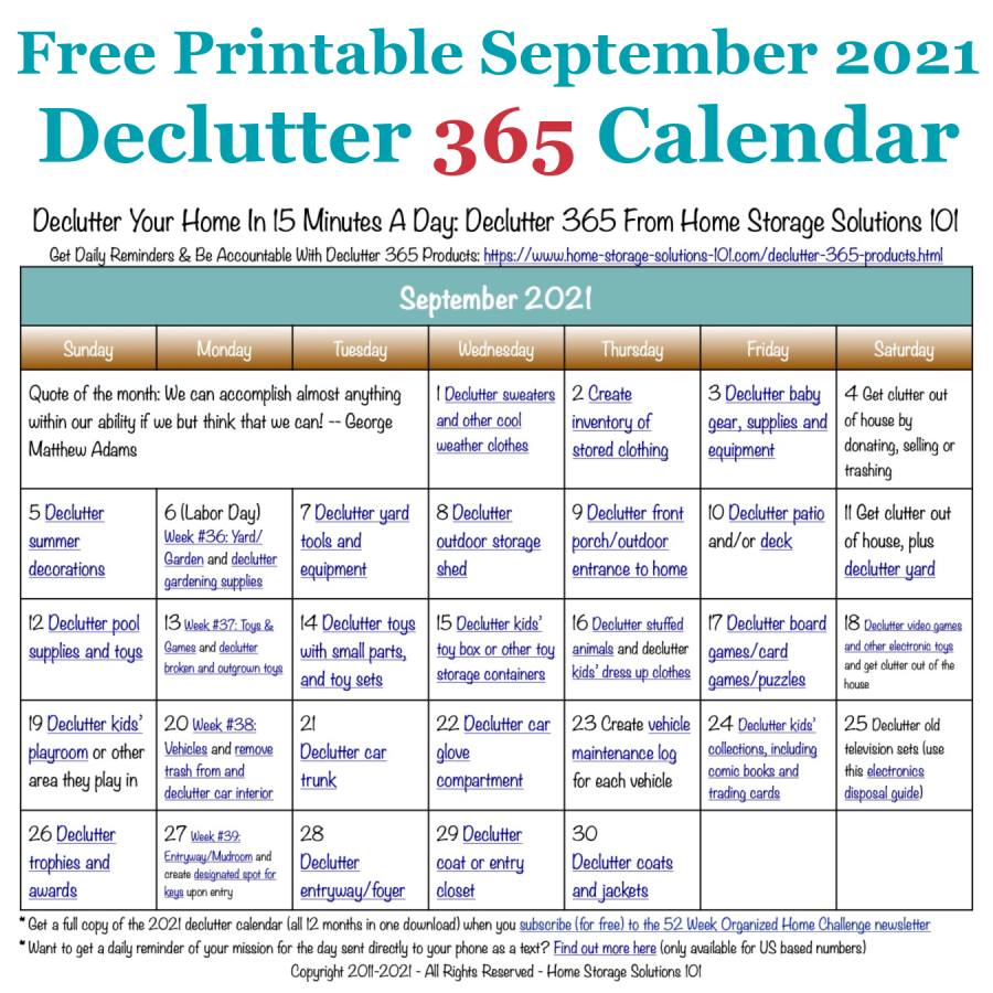 Free printable September 2021 #decluttering calendar with daily 15 minute missions. Follow the entire #Declutter365 plan provided by Home Storage Solutions 101 to #declutter your whole house in a year.