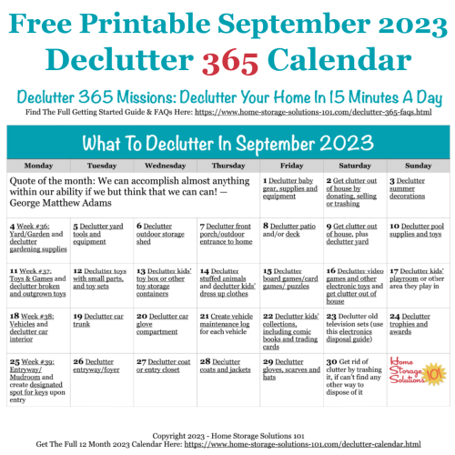 Free printable September 2023 #decluttering calendar with daily 15 minute missions. Follow the entire #Declutter365 plan provided by Home Storage Solutions 101 to #declutter your whole house in a year.