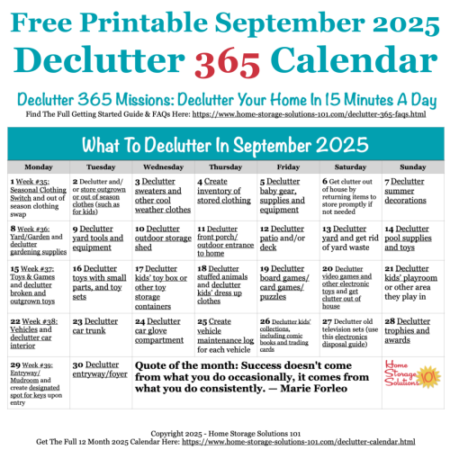 Free printable September 2025 #decluttering calendar with daily 15 minute missions. Follow the entire #Declutter365 plan provided by Home Storage Solutions 101 to #declutter your whole house in a year.