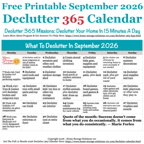 Free printable September 2026 decluttering calendar with daily 15 minute missions. Follow the entire Declutter 365 plan provided by Home Storage Solutions 101 to declutter your whole house in a year. Free printable September 2026 #decluttering calendar with daily 15 minute missions. Follow the entire #Declutter365 plan provided by Home Storage Solutions 101 to #declutter your whole house in a year.