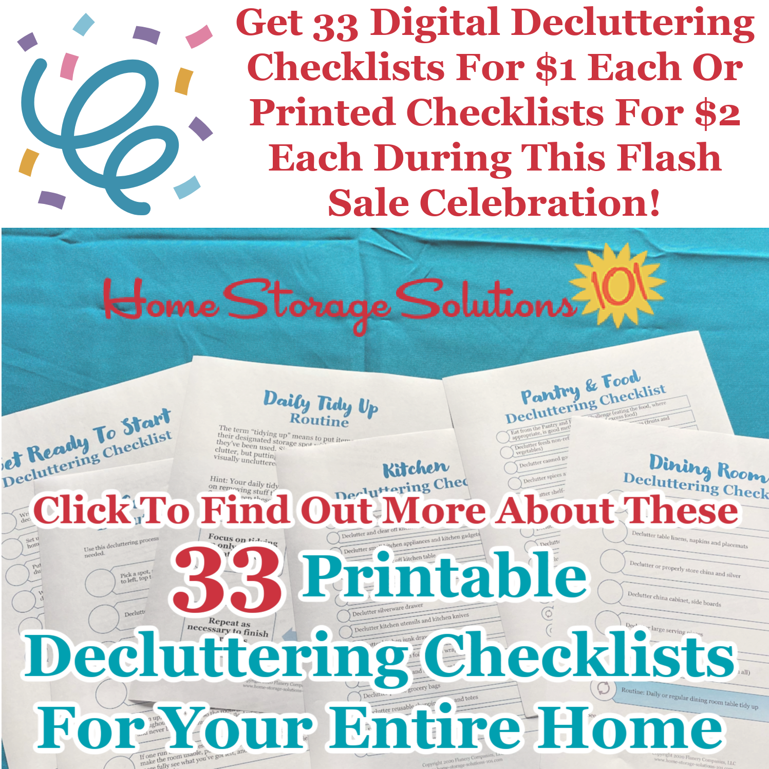 Get 33 digital decluttering checklists for $1 each or printed checklists for $2 each during this flash sale celebration