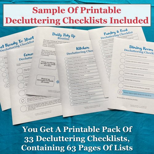 Sample of the printable decluttering checklists included in this printable pack. In total the pack contains 33 decluttering checklists, containing 63 pages of lists {from Home Storage Solutions 101 and Declutter 365}