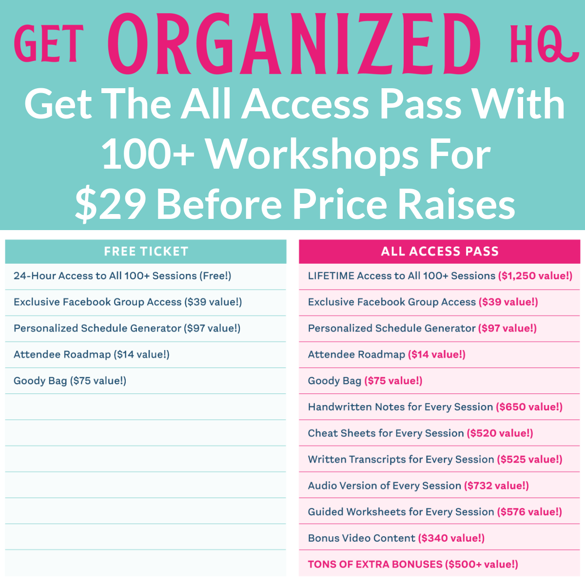 Comparison between the free ticket, and the All Access Pass for Get Organized HQ