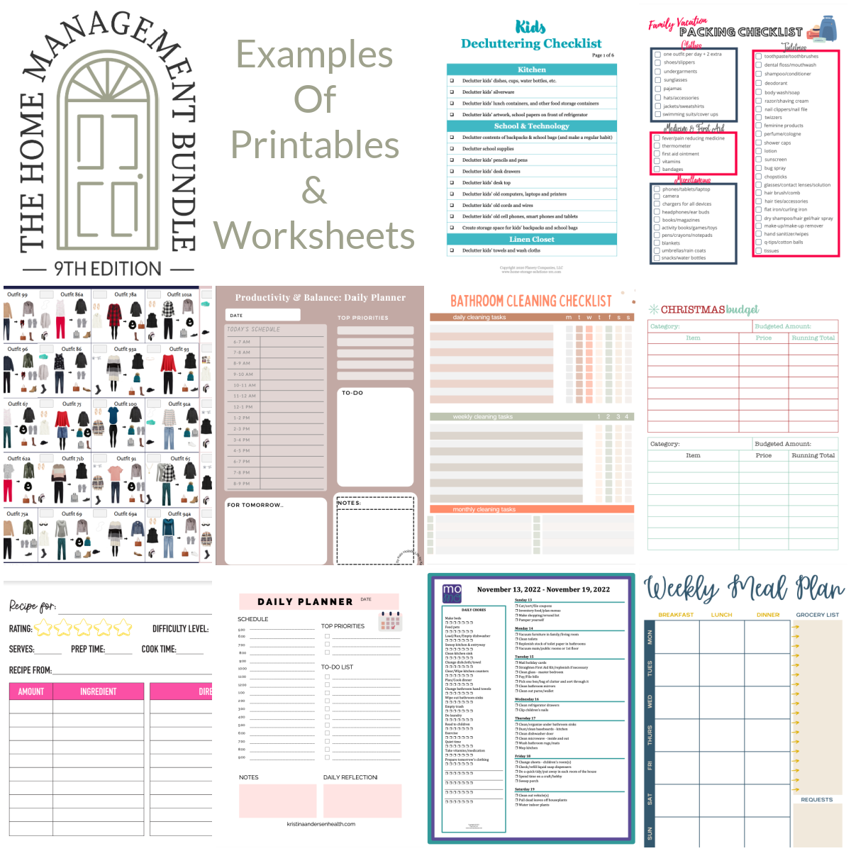 Examples of printables and worksheets in the Home Management Bundle