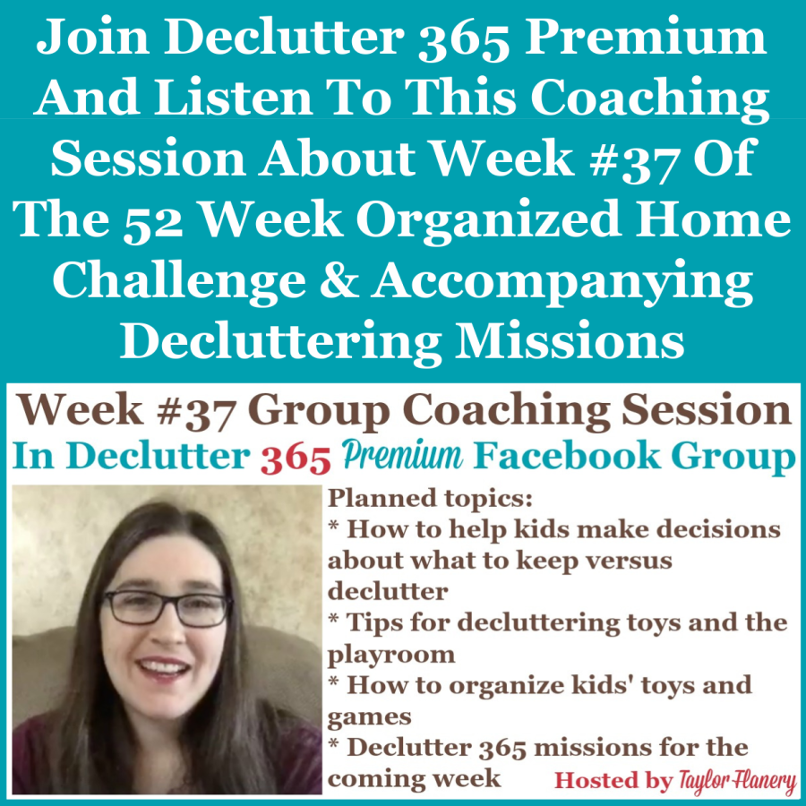 Join Declutter 365 premium and listen to this coaching session about Week #37 of the 52 Week Organized Home Challenge and accompanying decluttering missions, with a discussion of decluttering and organizing toys and games {on Home Storage Solutions 101}