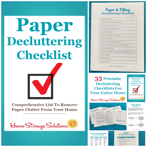 Get this paper and filing decluttering checklist and 32 other decluttering checklists for your home {on Home Storage Solutions 101}