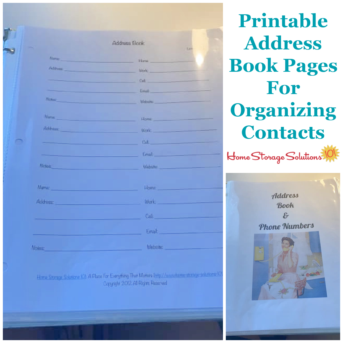 Printable address book pages for organizing contacts {courtesy of Home Storage Solutions 101}
