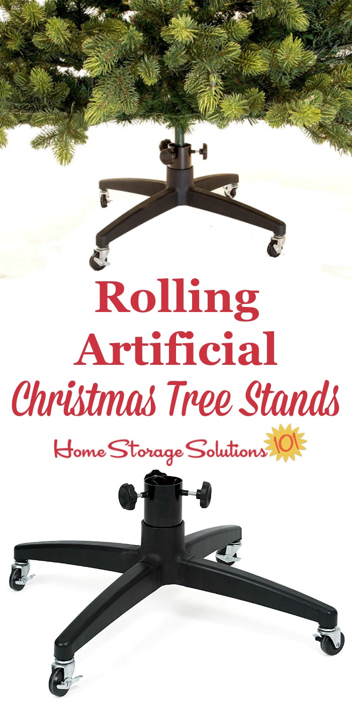 A fully assembled artificial Christmas tree is quite heavy. Do your back a favor and get rolling artificial Christmas tree stands and you'll thank yourself every single year from now on {on Home Storage Solutions 101} #ChristmasStorage #HolidayStorage #ChristmasTreeStorage